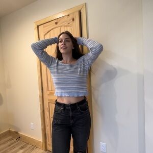 American Eagle Striped Blue Cropped Top square neck
